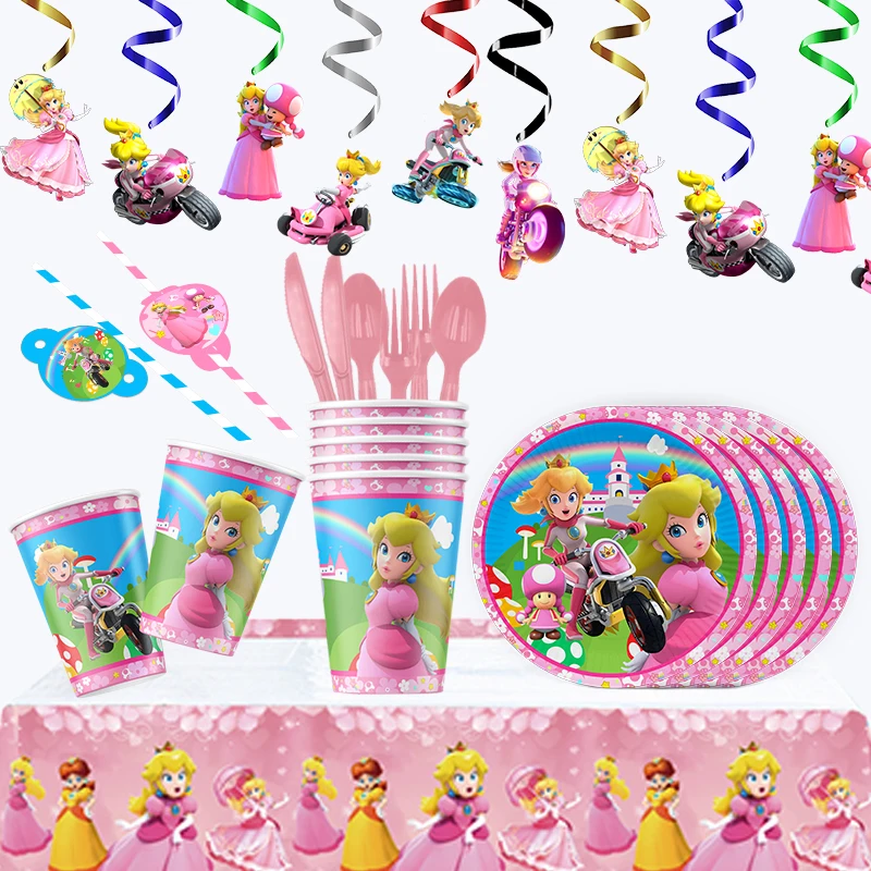 Super Mario Bros-Princess Peach Disposable Party Tableware Pink Paper Cup Plate Plastic Knife and Fork Tablecloth Decor Supplies