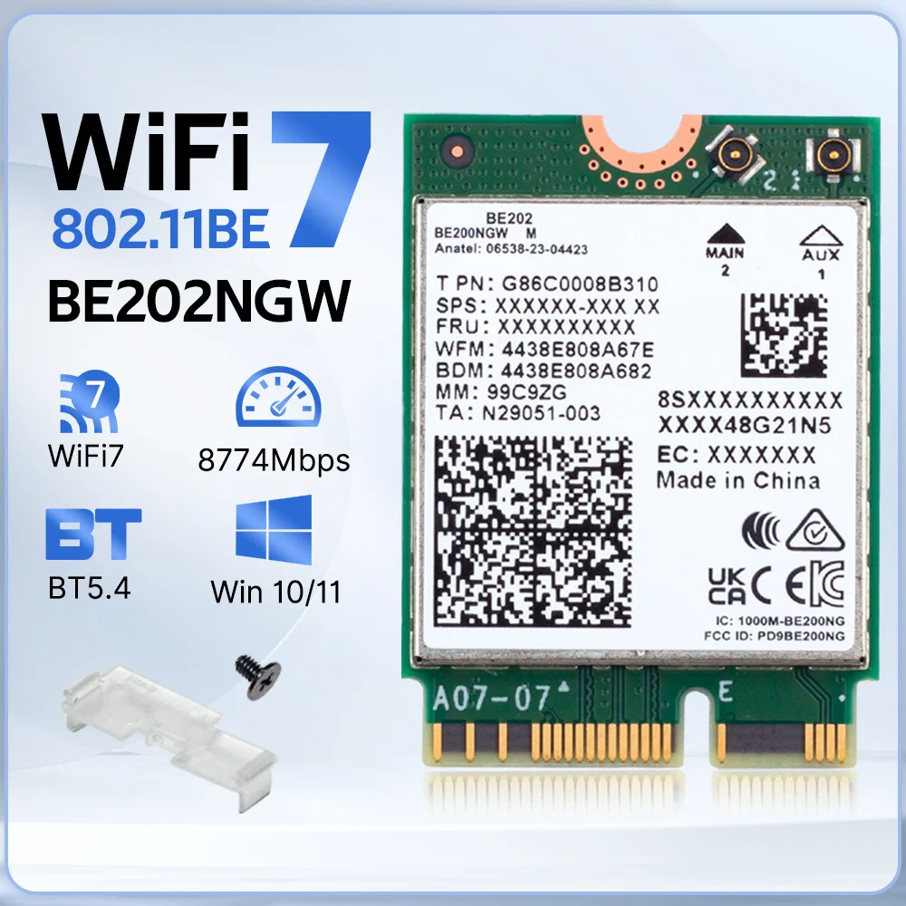 WiFi 7 для мережевої карти BE202 M.2 Bluetooth 5.4 2400 Мбіт/с тридіапазонний 2.4G/5G/6GHz BE202NGW WiFi 7 Бездротовий адаптер WiFi для Win0/11
