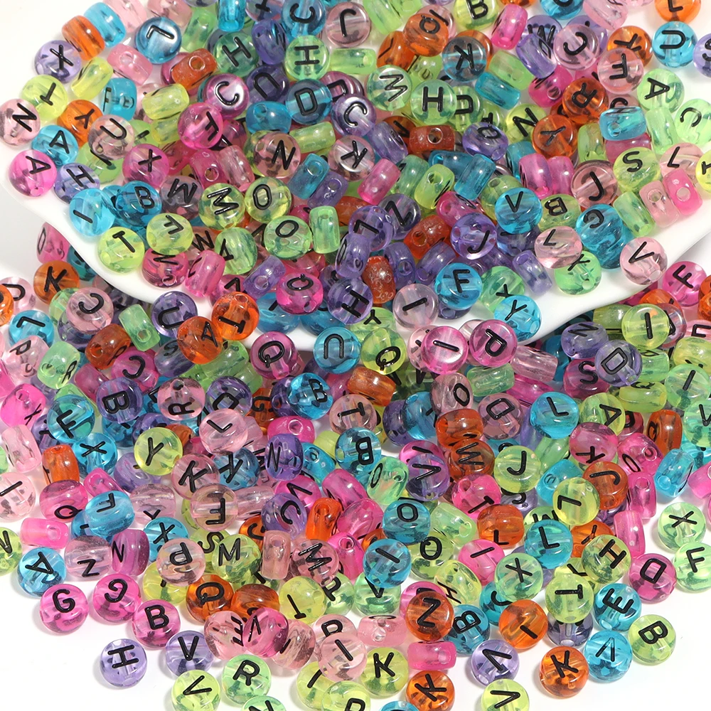 다채로운 색상의 투명 혼합 아크릴 레터 비즈, 둥근 평면 블랙 알파벳 루즈 비즈, 의류 장식 및 DIY 액세서리 제작용