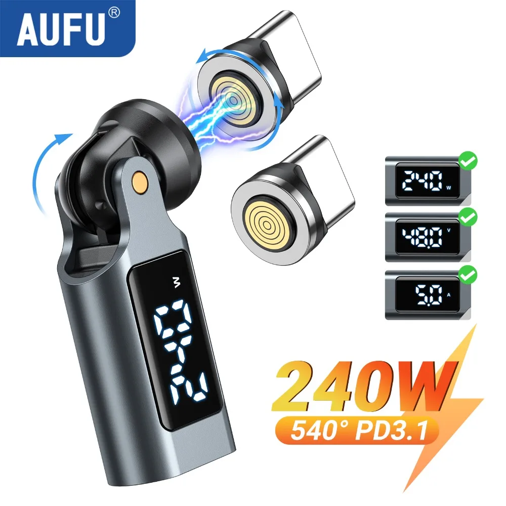 محول AUFU 9Pin بشاشة رقمية مغناطيسية OTG لآيفون 17 وماكبوك واللابتوب وشاومي PD240W 5A USB C إلى Type C Micro Male Converter