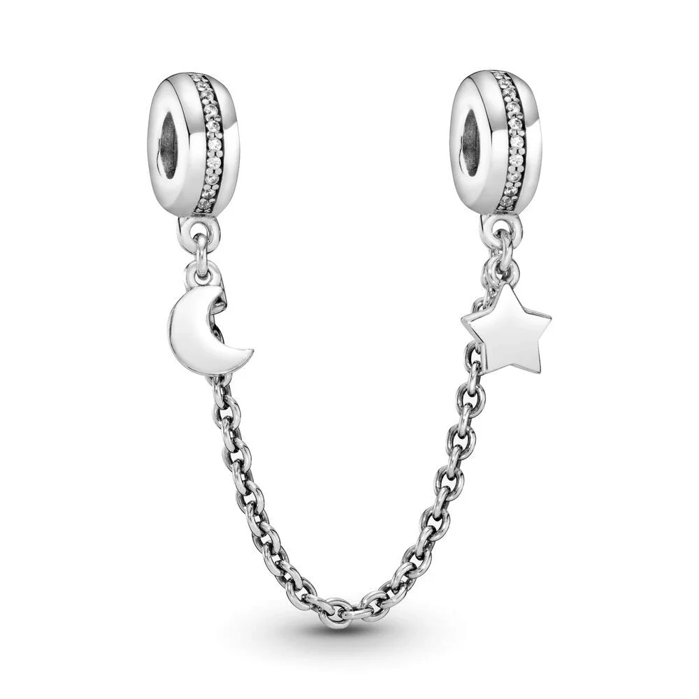 

Curved Moon & Star Safety Chain Charm Fit Original Pandora Bracelets Women Zircon Jewelry Making