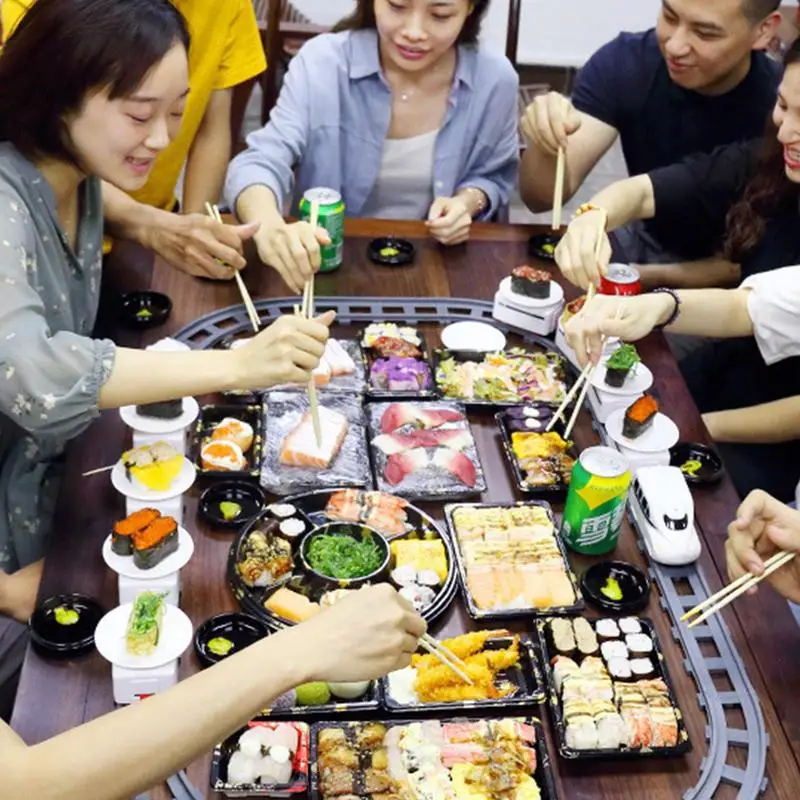 회전 스시 접시 기차 장난감 척 놀이 컨베이어 벨트 전기 트랙 로터리 레일 자동차 시뮬레이션 모델 장난감 어린이 선물