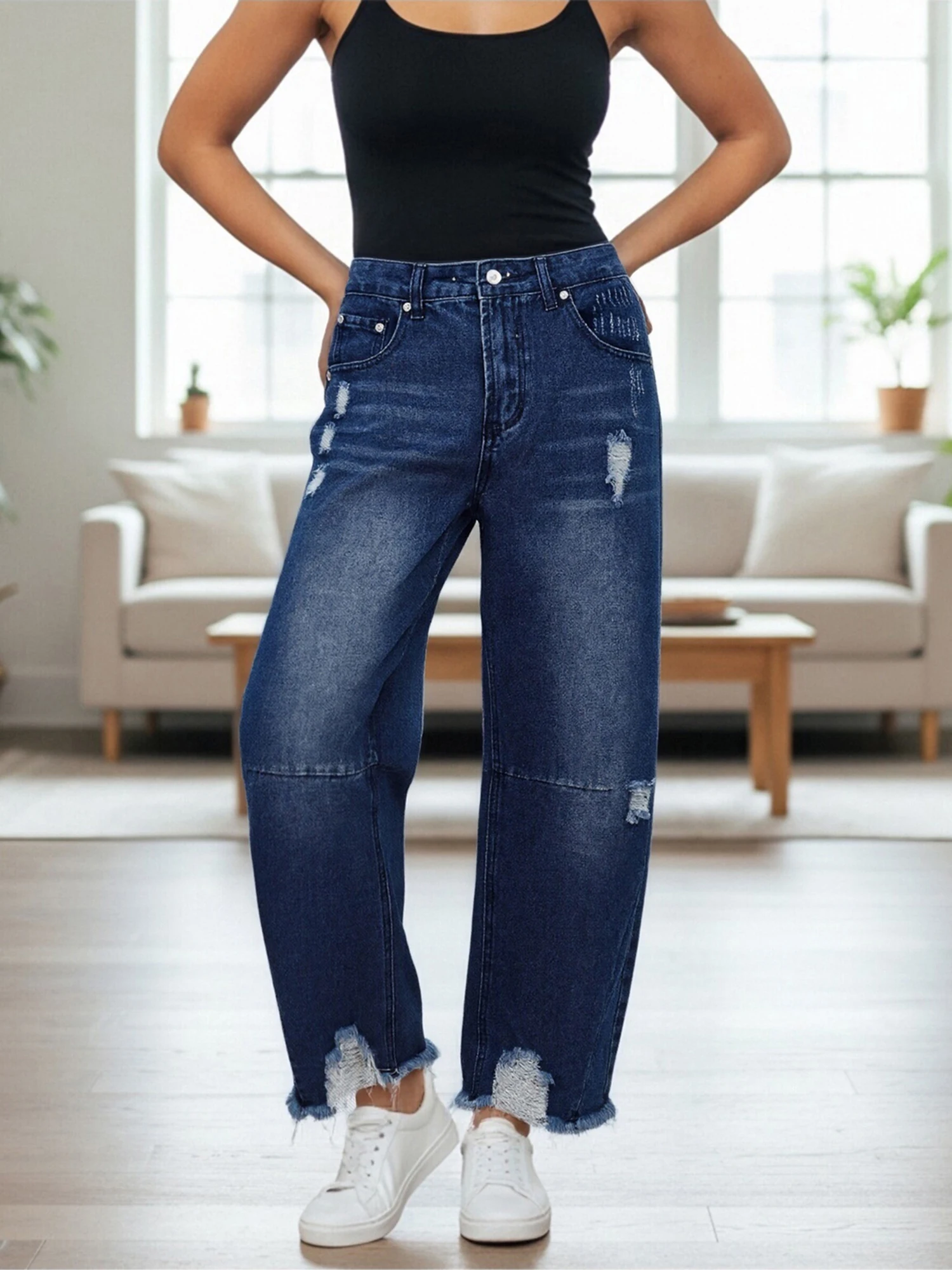 Women s Vintage Distressed High Waisted Baggy Jeans with Frayed Hem and Wide Leg Design for Spring Fashion