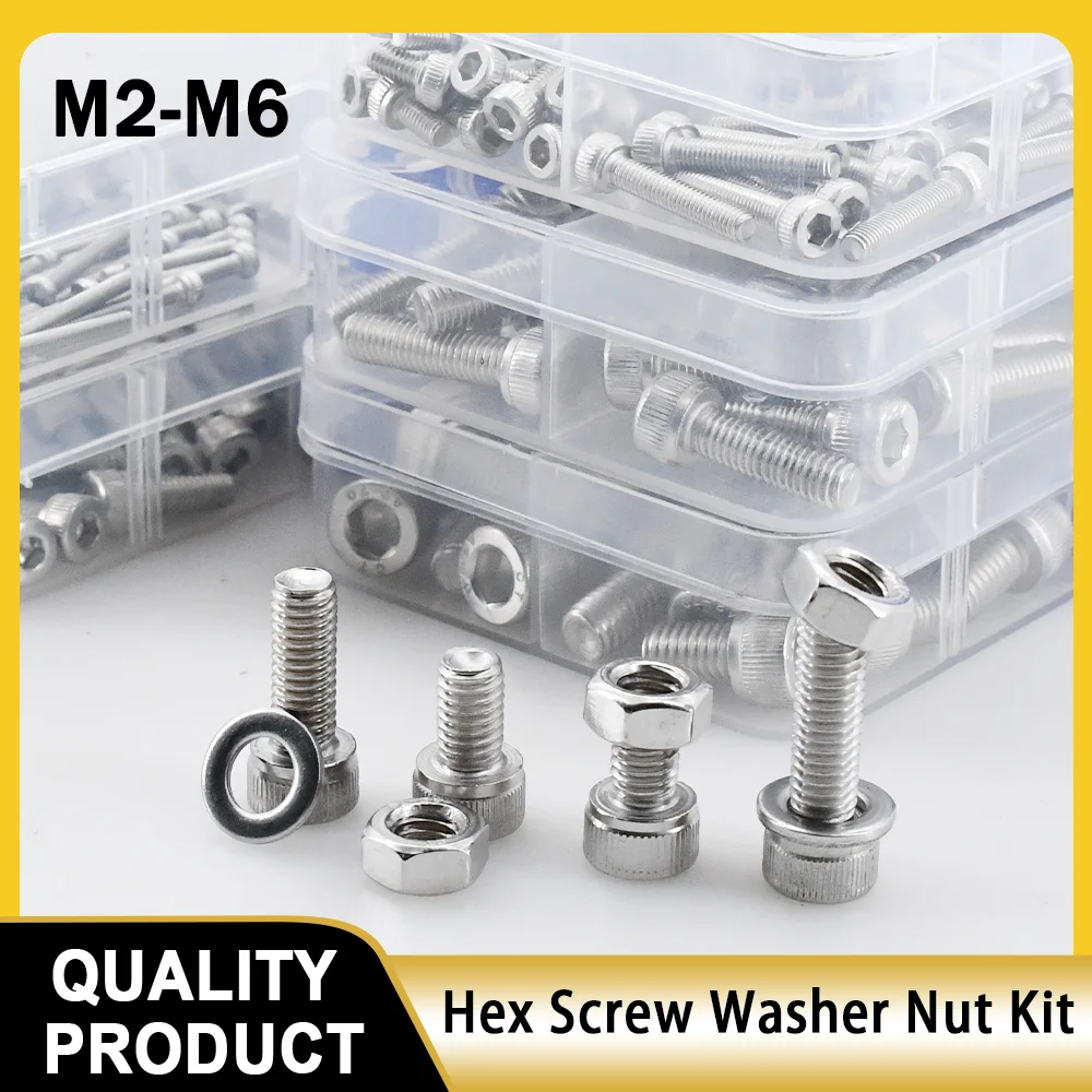 Boxed M2 M3 M4 M5 M6 Hex Socket Screw Allen Cap Head Screw Bolt Nut Washer Kit DIN912 304 Stainless Steel Bolts Nuts Assortment