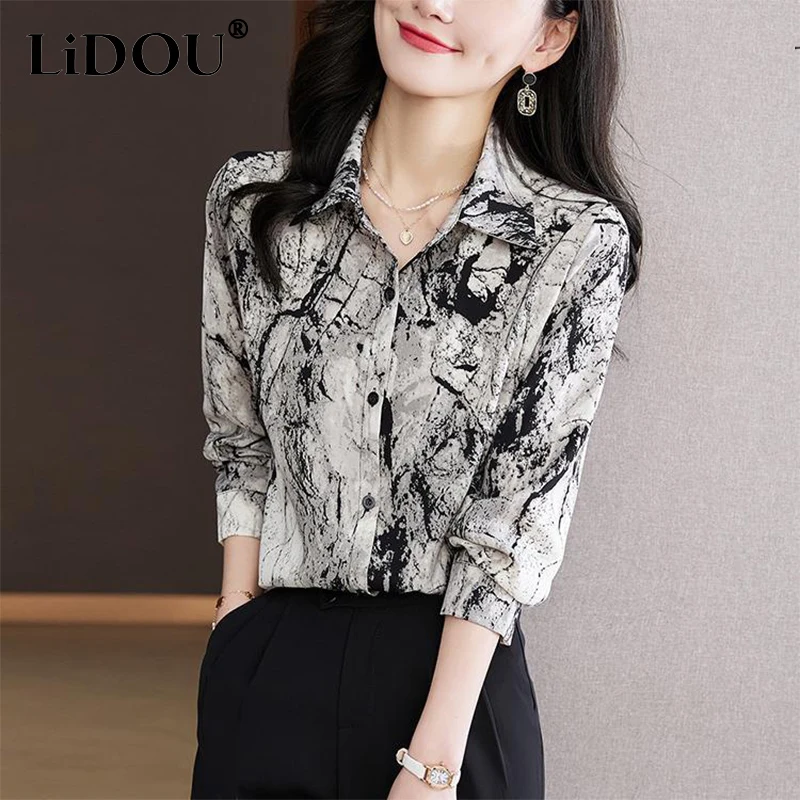 Spring Summer New Polo-neck Buttons Printing Elegant Fashion Blouse Femme Long Sleeve Casual All-match Shirt Top Women Cardigans