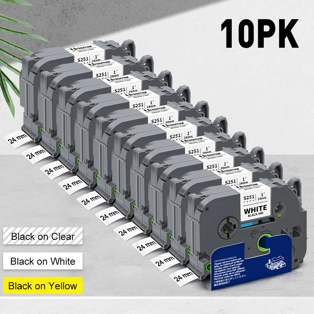 10 Pack Label Tape 10-Pack Brother TZe251 Black On White Label