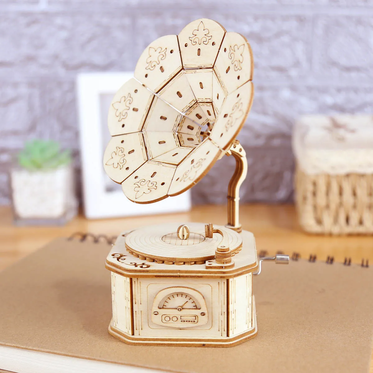 3D Wooden Gramophone Music Box Puzzles Kits for Teen Adults Construction Models Set Toys DIY Assembling Machnical Christmas Gift 5