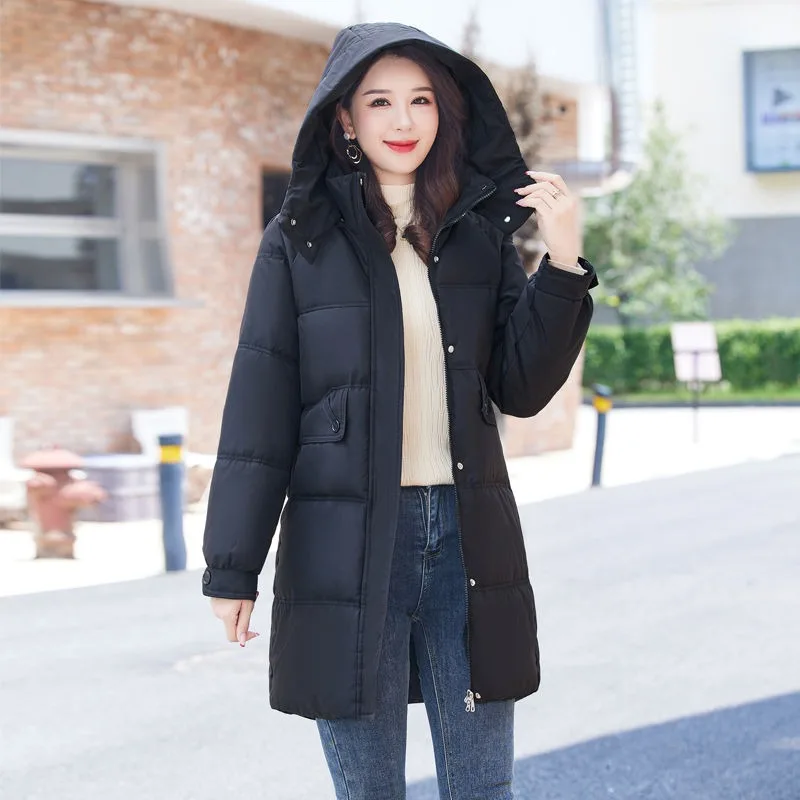 2023 New Women Down Cotton Coat Winter Jacket Female Mid Length Version Parkas Thick Warm Outwear Hooded Versatile Overcoat