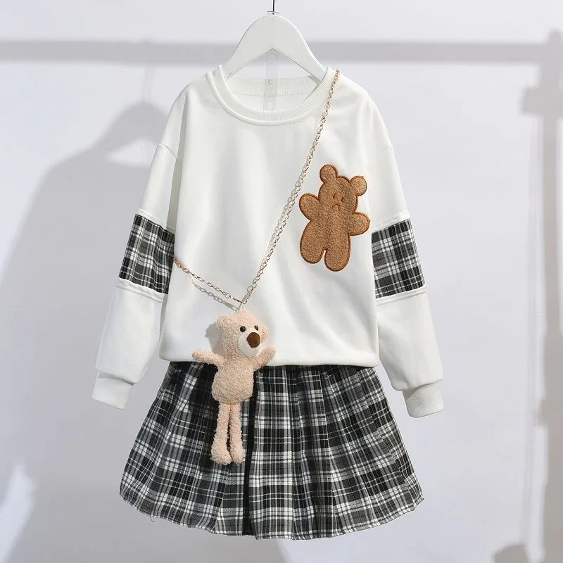 Girls Clothing Set Bear Sweatshirt Plaid Skirt 2Pcs 3-14 Years