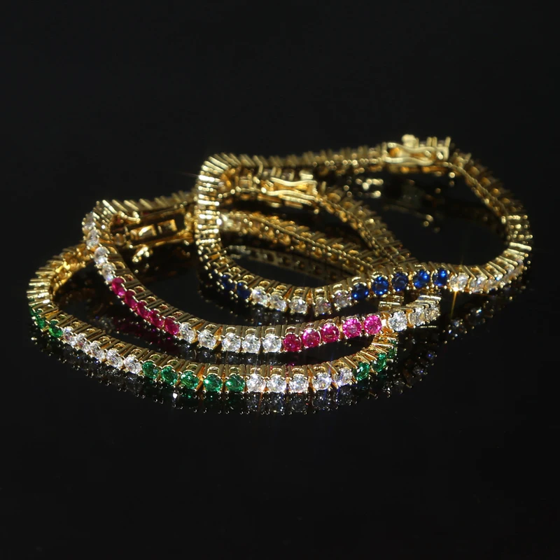 18k Gold Plated 3MM 4 Prong Setted 5A CZ Tennis Chain Bracelet High Quality Green Blue Red Colorful Summer Jewelry