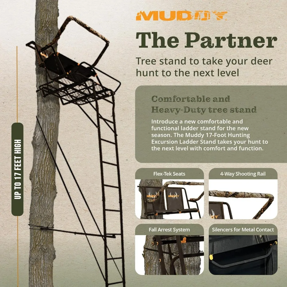 Black 17-Foot Adjustable Two-Person Deer Hunting Ladder Tree Stand with Platform