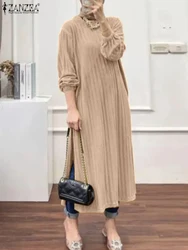 Autumn Women Long Shirt Muslim Solid Tops Abaya ZANZEA Elegant Kintted Blouse Casual Long Sleeve Split Hem Blusas Turkey Kaftan