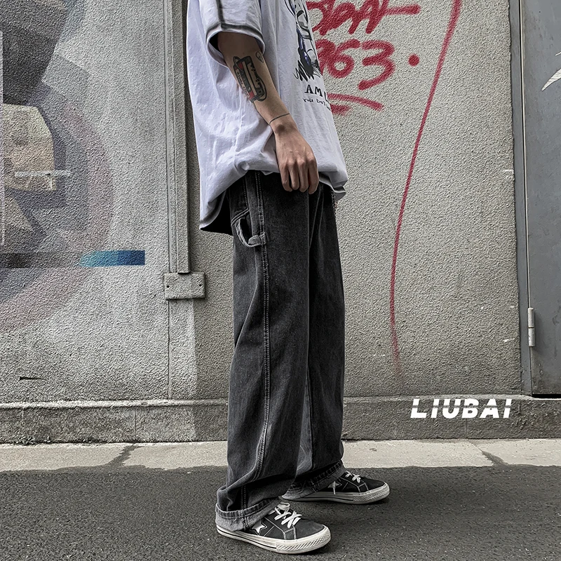 Harajuku Chic Straight Pants Men Jeans Men's High Street Vintage Jeans Korean Loose Straight Floor Mops Spring Overalls
