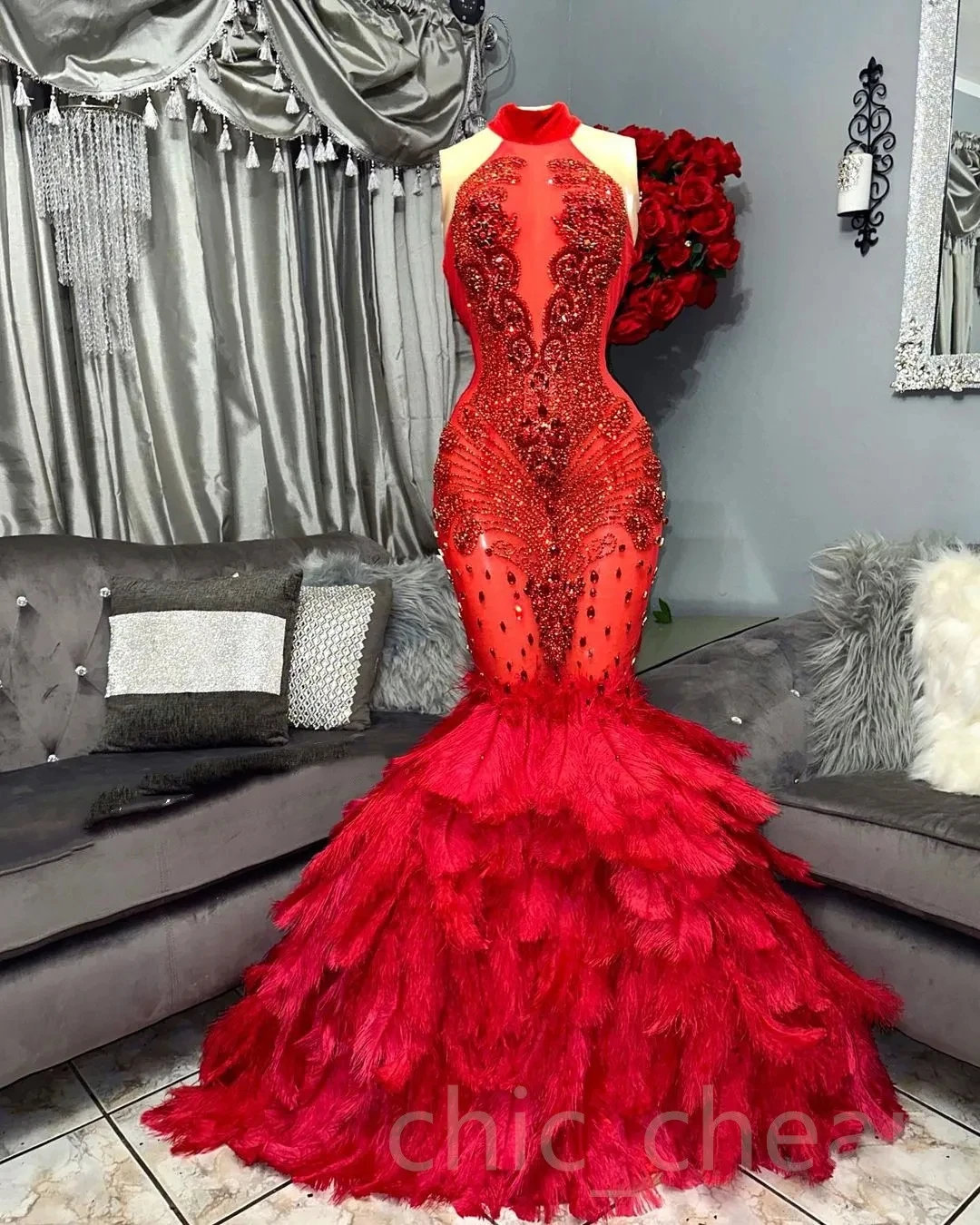

Red African American Prom Dresses Mermaid High Collar Beaded Feather Black Girls Nigeria Robe De Soiree Aso Ebi Evening Gown