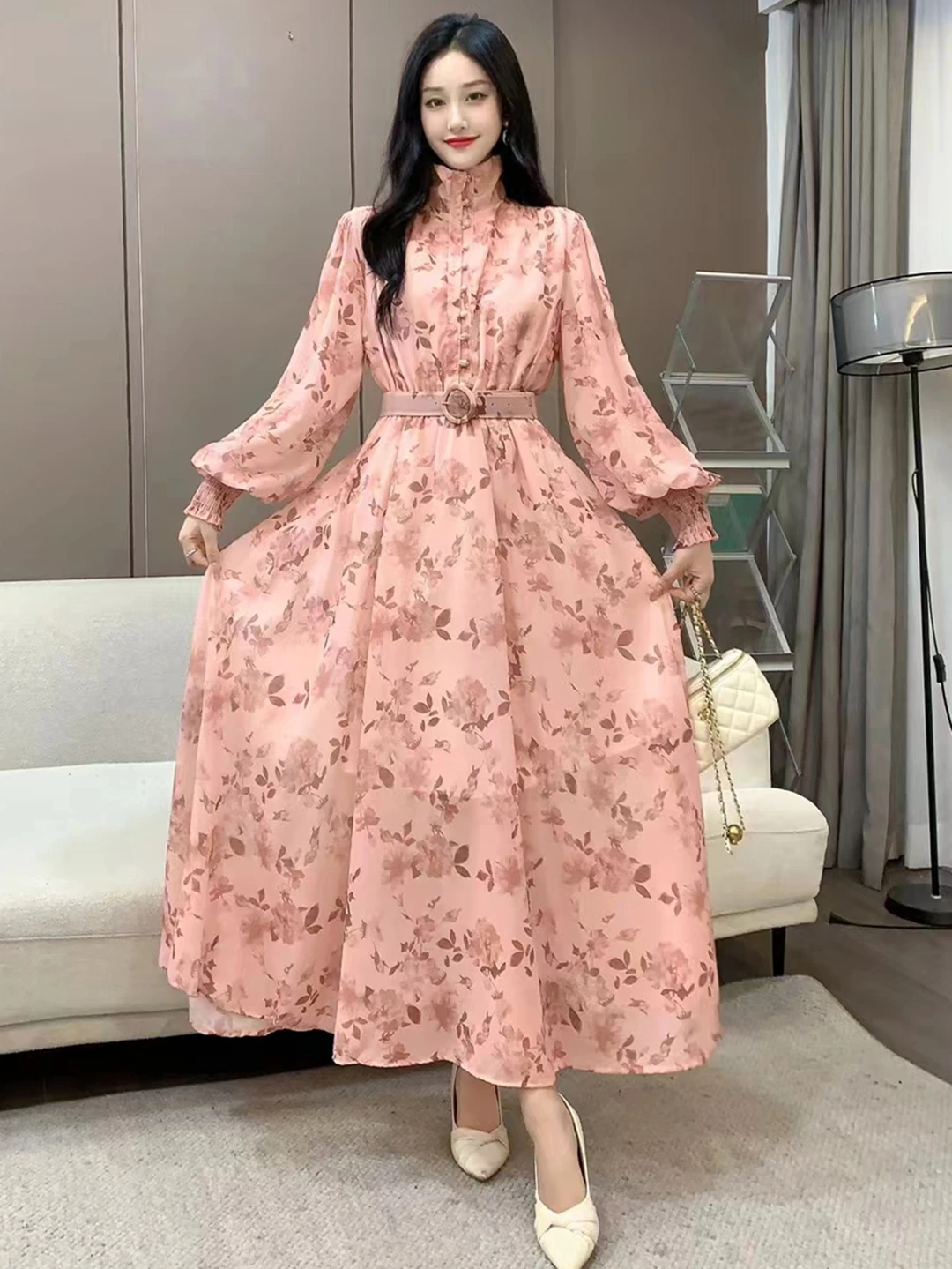 2024 New Spring Autumn Women Stand Collar Long Sleeve Belt Slim Long Dress  High Quality Elegant Retro Floral Chiffon Dress - AliExpress 200000345