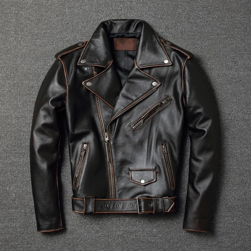 

2023 New Sales Classic Motor Biker Genuine Jacket.slim Cowhide Coat Fashion Vintage Leather Clothing Plus Size Coats