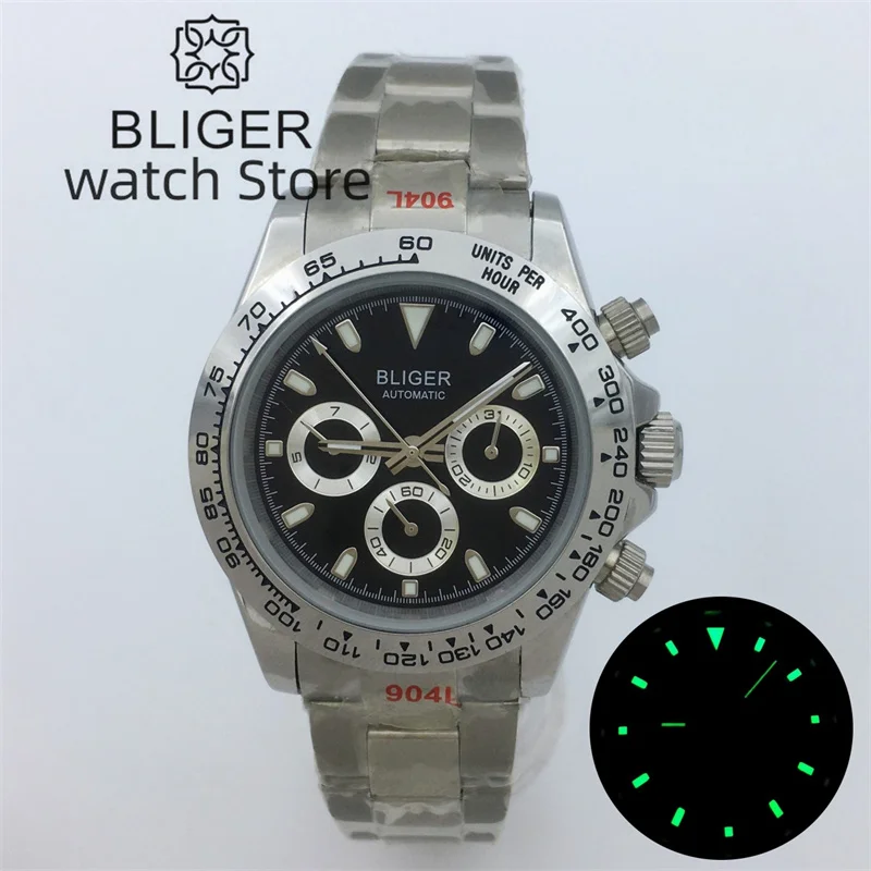 BLIGER 39mm Mechanical automatic Men's Watch Date Week display sapphire glass polished case Middled Polished steel bracelet