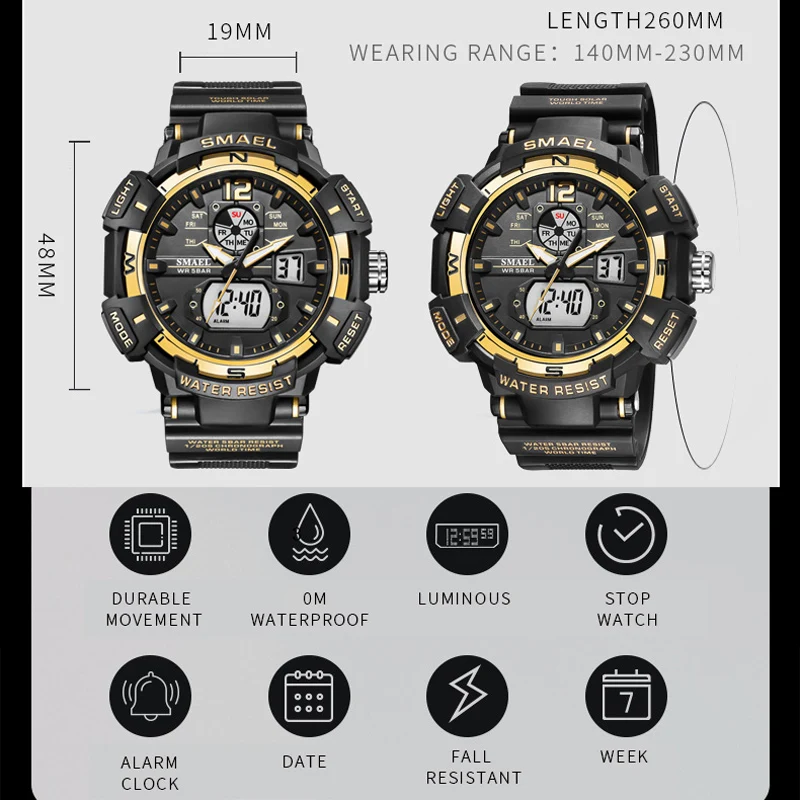 Smael Sport Watch Men's Quartz Movement Digital Led Back Light Stopwatch Alarm Watches For Male Military Dual Time Wristwatch, Alina Gadgets