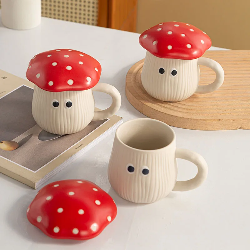 Tazza Da Caffè In Ceramica A Fungo Rosso Creativo Con Coperchio Tazza A Fungo Carino Cartone Animato Tazza Da Latte Per Colazione Tazza Da Regalo Di C