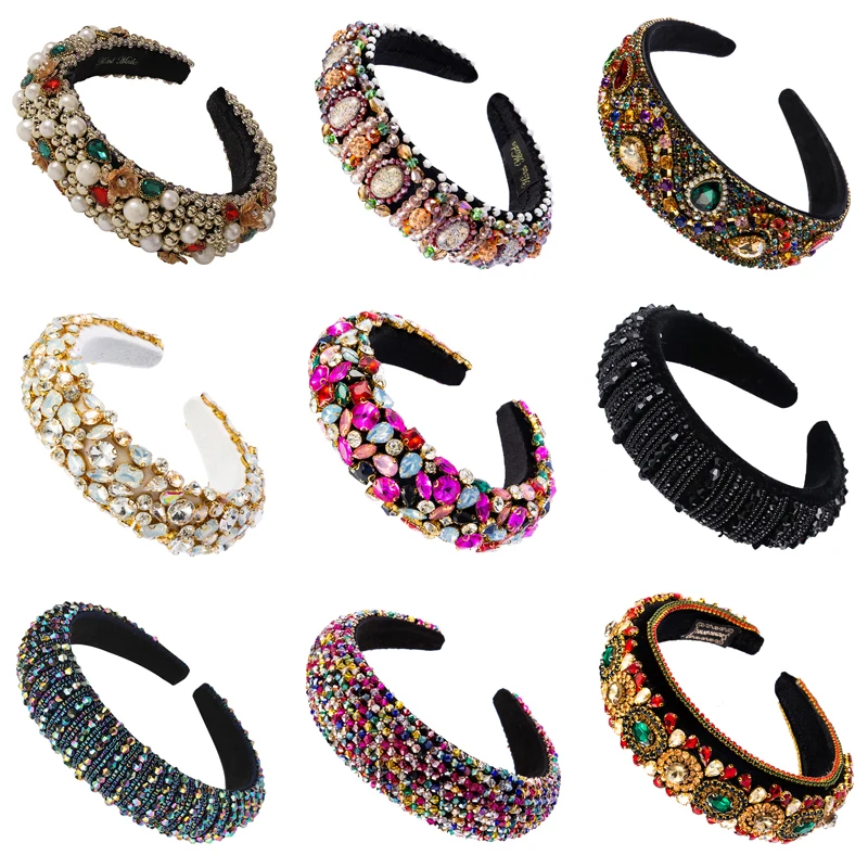 

Gorgeous Baroque Sparkly Padded Rhinestone Headbands For Women Full Crystal Headbands Wide Headwear Hairband Hair Accessories