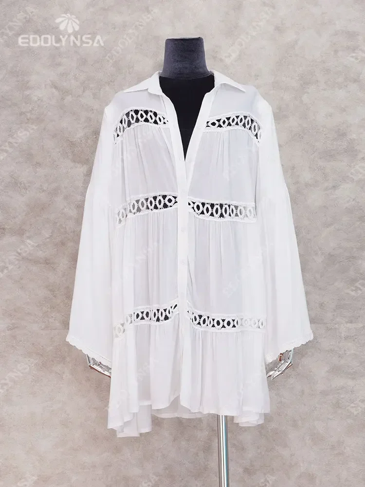 Women Swimsuit Cover Ups Mandarin Sleeve Kaftan Beach Tunic Dress Robe De Plage Solid White Pareo Beach Cover-ups  #Q429 - 4