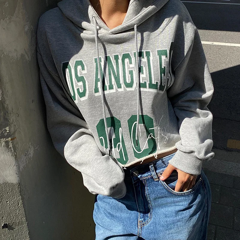 

Женский винтажный уличный Топ, Серый Свободный Повседневный Укороченный свитшот с принтом Лос-Анджелеса, весна 2023, женская тонкая куртка