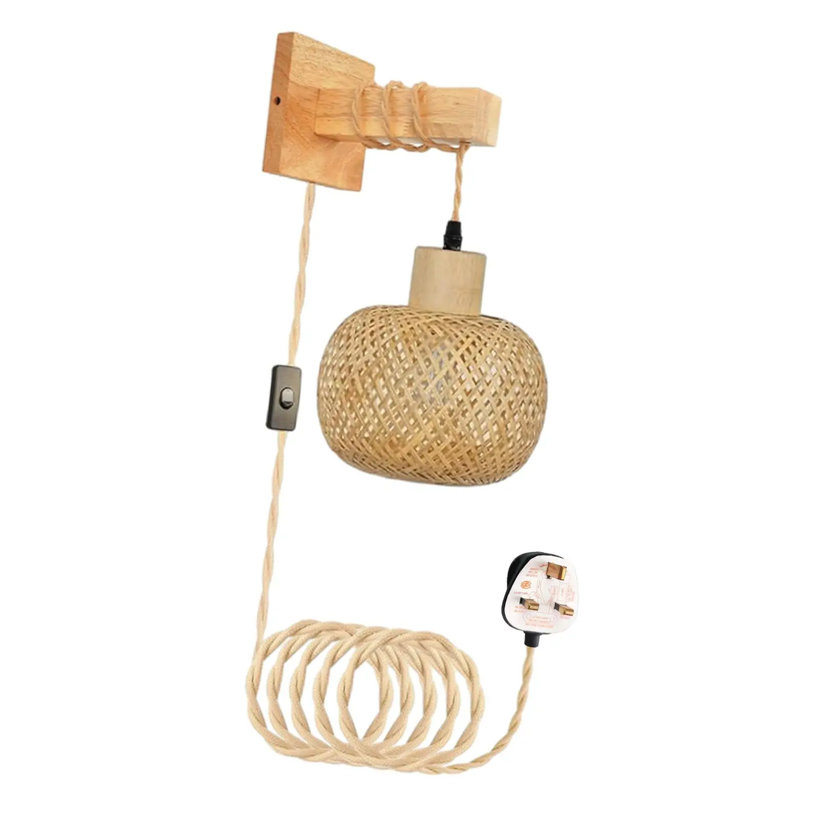 

Bamboo Wall Sconce Boho Decor Rustic Plug in Pendant Light Farmhouse Hanging Lamp for Stairs Kitchen Balcony Home Reading