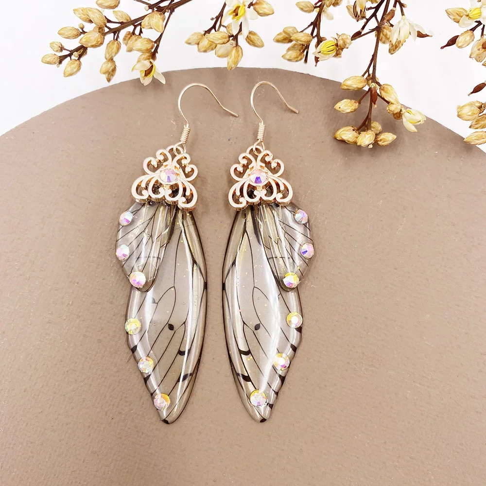 Fairy Rainbow Gradient Resin Butterfly Wing Rhinestone Glitter Earrings