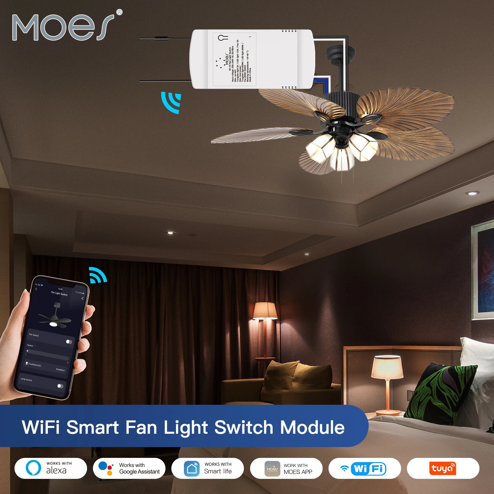 

MOES Smart Wi-Fi Ceiling Fan Switch Module Control Fan and Light Separately with App or Voice Compatible with Alexa and Google
