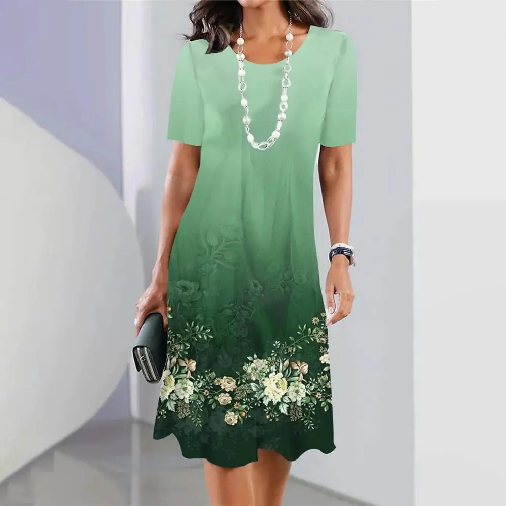 

Floral Print Fashion Dress Flower Print Gradient Color Matching Midi Dress for Women A-line Soft Breathable Knee Length Lady