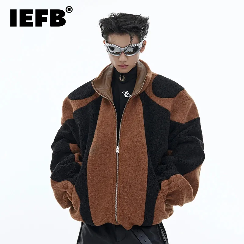 

IEFB New Fashion Men's PU Jacket Spliced ReversiblePanel Label Irregular Lamb Short Coat Contrast Color 2023 Winter 9C3527