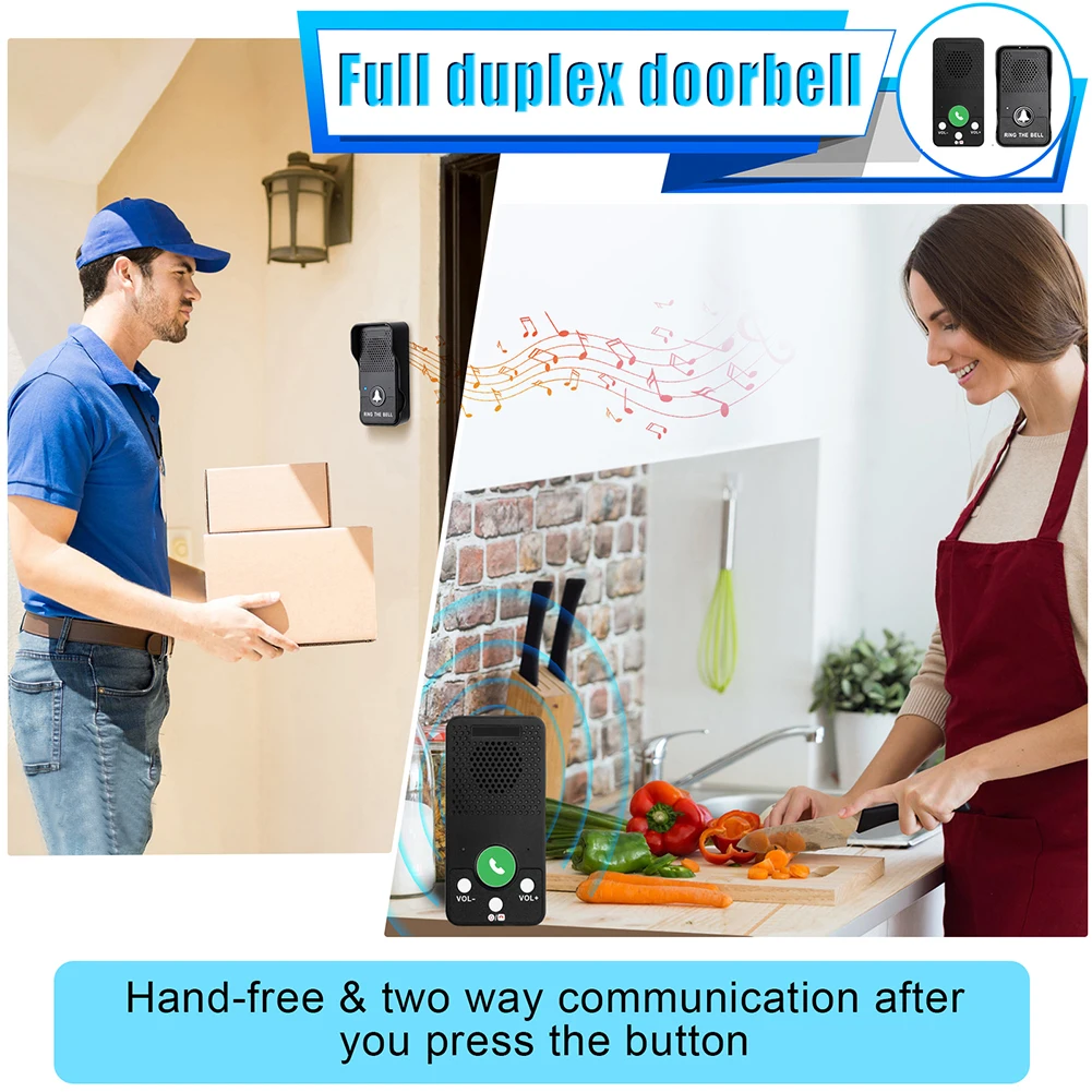 Wireless Doorbell Rechargeable Battery Hands Free Full Duplex Intercom Door Bell Adjustable Volume 4 Chimes Apartment Intercom