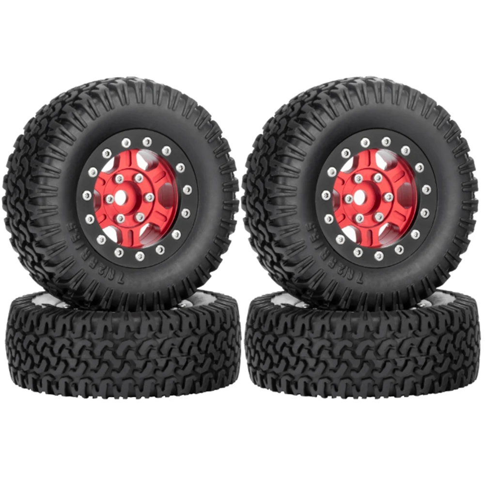 

4PCS 76mm 1.55 Metal Beadlock Wheel Rim Tire Set for 1/10 RC Crawler Car Axial Jr D90,Red + Black Edge