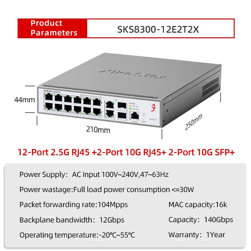 XikeStor 12포트 2.5G RJ45, 2포트 10G RJ45, 2포트 10G SFP+, L3 관리형 스위치 DHCP/ 동적 라우팅/ VLAN/ 포트 집계
