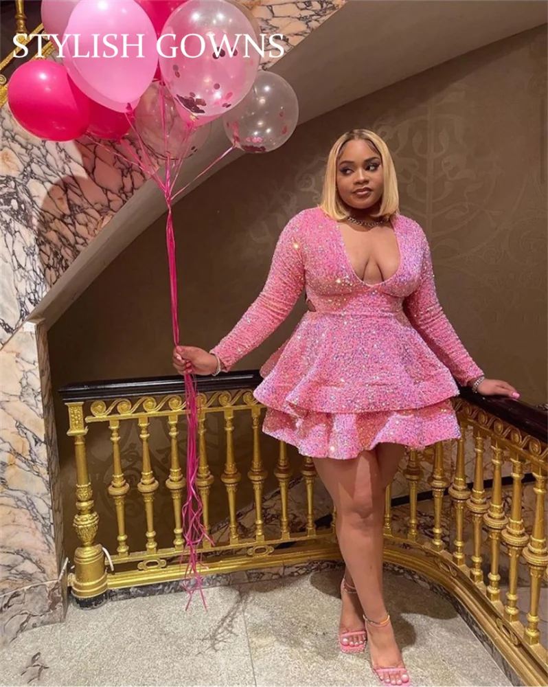 Sexy Pink Sequined Short Prom Dresses For Black Girls 2022 Tiered Mini
