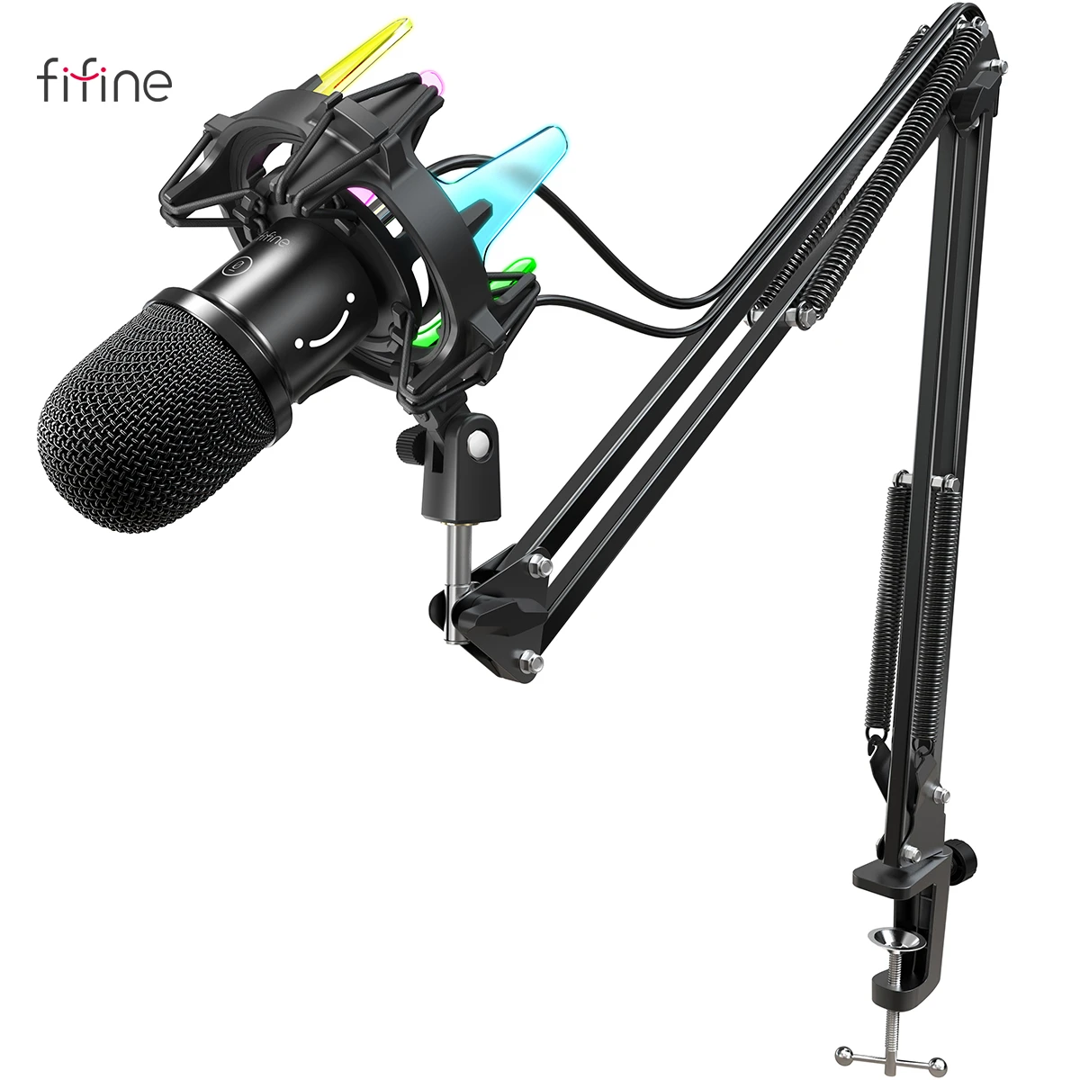 FIFINE USB Dynamic Microphone Kit with Boom Arm,RGB Shock Mount,Cardioid Mic Set for Game Podcast Stream for PC PS4 PS5-K651 mic stand