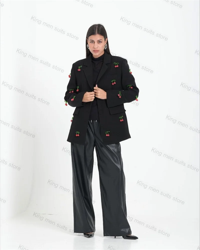 

Cherry Black Women Suit Set 2 Piece Blazer+Leather Pants Formal Office Lady Jacket Trousers Tailored Made Prom Dress Coat