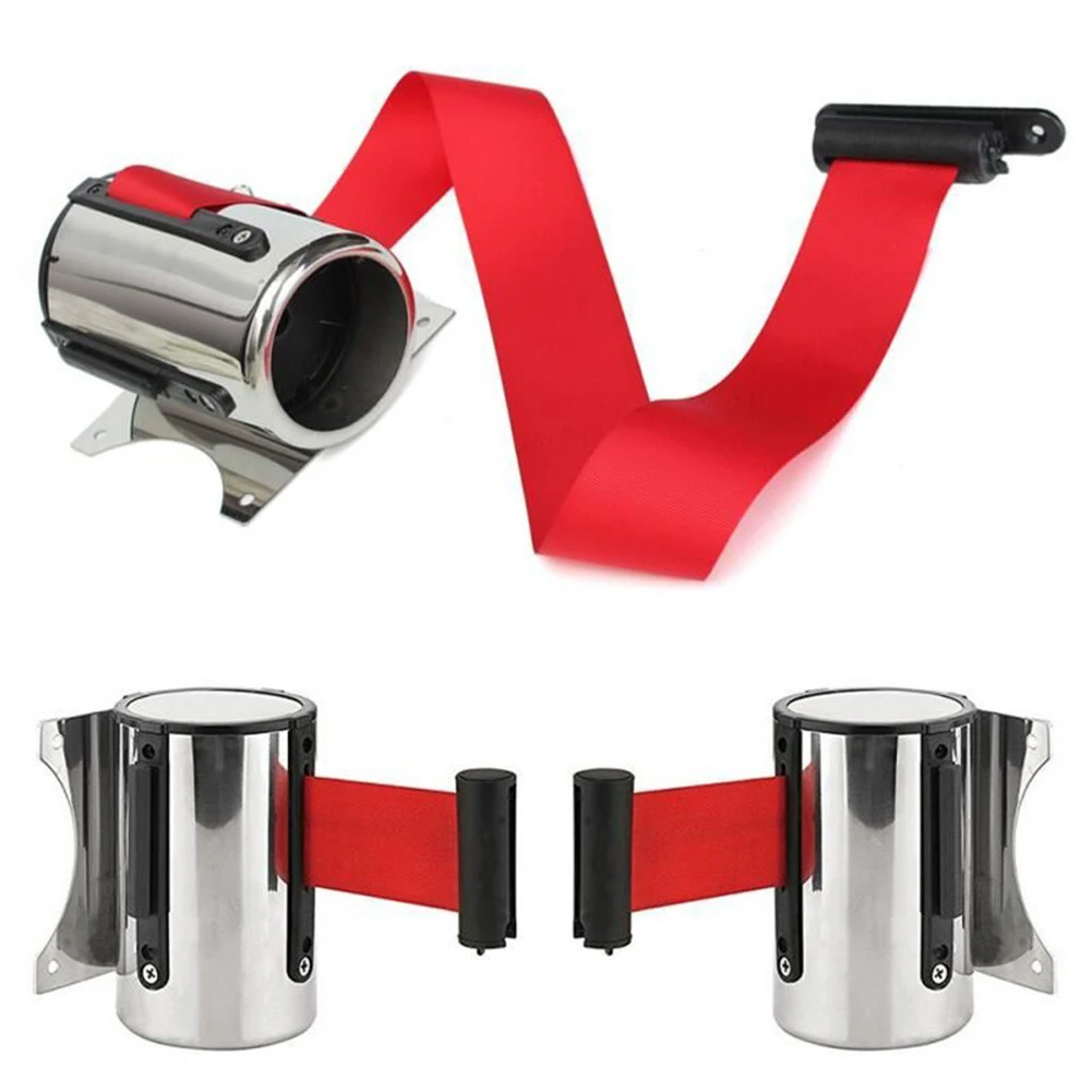 Stainless Steel Retractable Tape Barrier 1pc 2/5m Evacuation Crowd Control Wall Mounted Red Band Motion Post Queue Rope Barrier