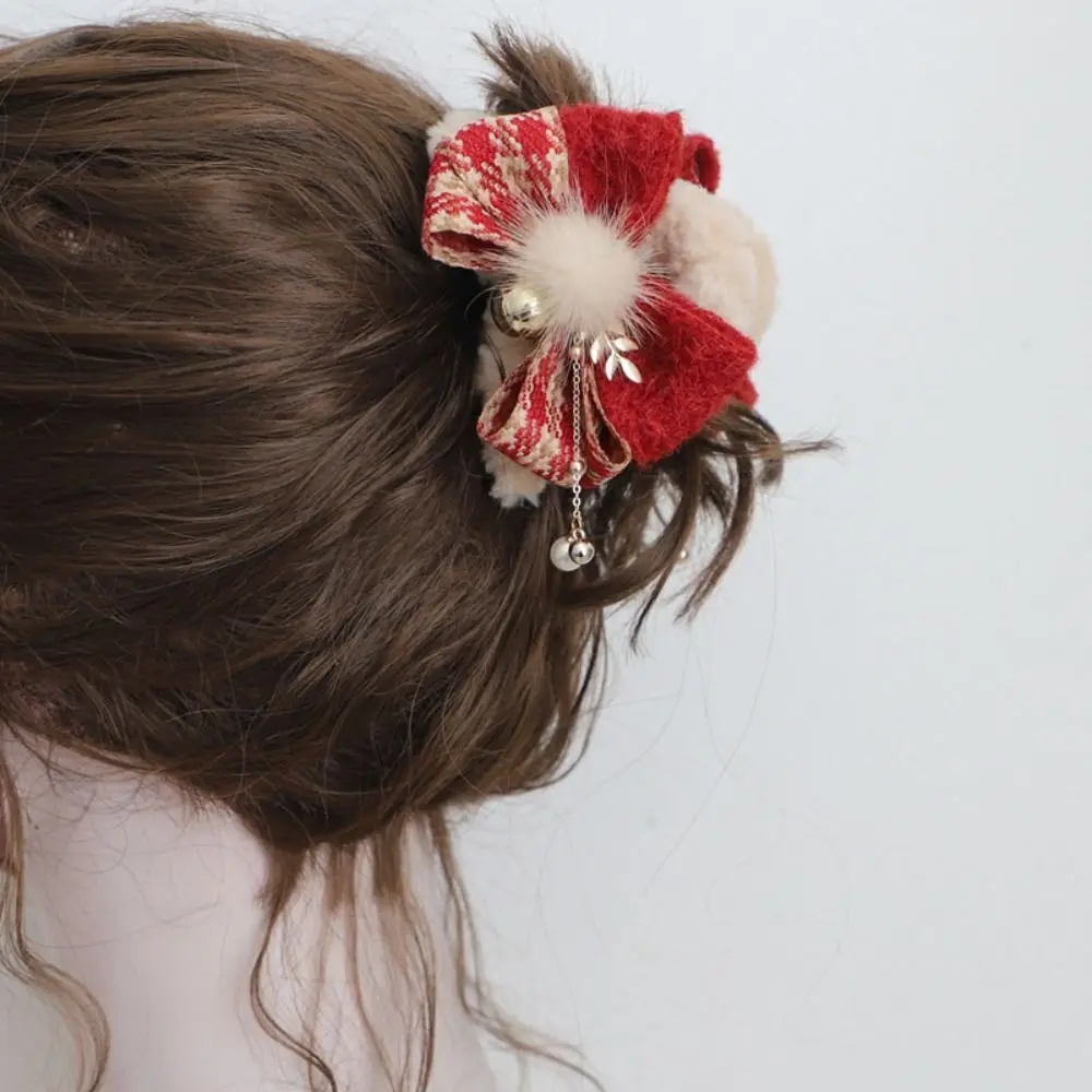 Creative Bow Christmas Hair Claw Ball Tassel Winter Claw Clip Ponytail Holder Headdress Christmas Shark Clip Daily