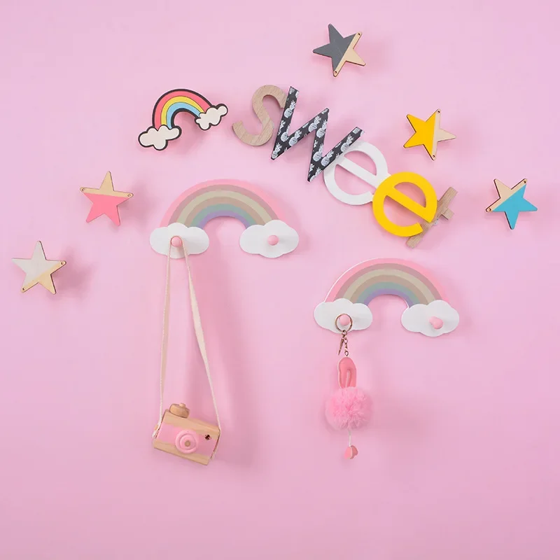 Cute Rainbow Kids Room Hook Wall Mounted Key Holder Wood Hanger Girls Bedroom Decoration Hooks Clothes Sundries Organizer Gifts 3