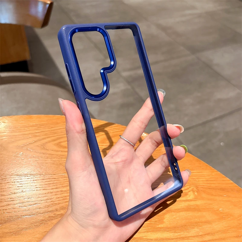 HD Transparent Acrylic Case with Metal Camera Ring and Silicone Bumper Armor, Shockproof Hard Cover