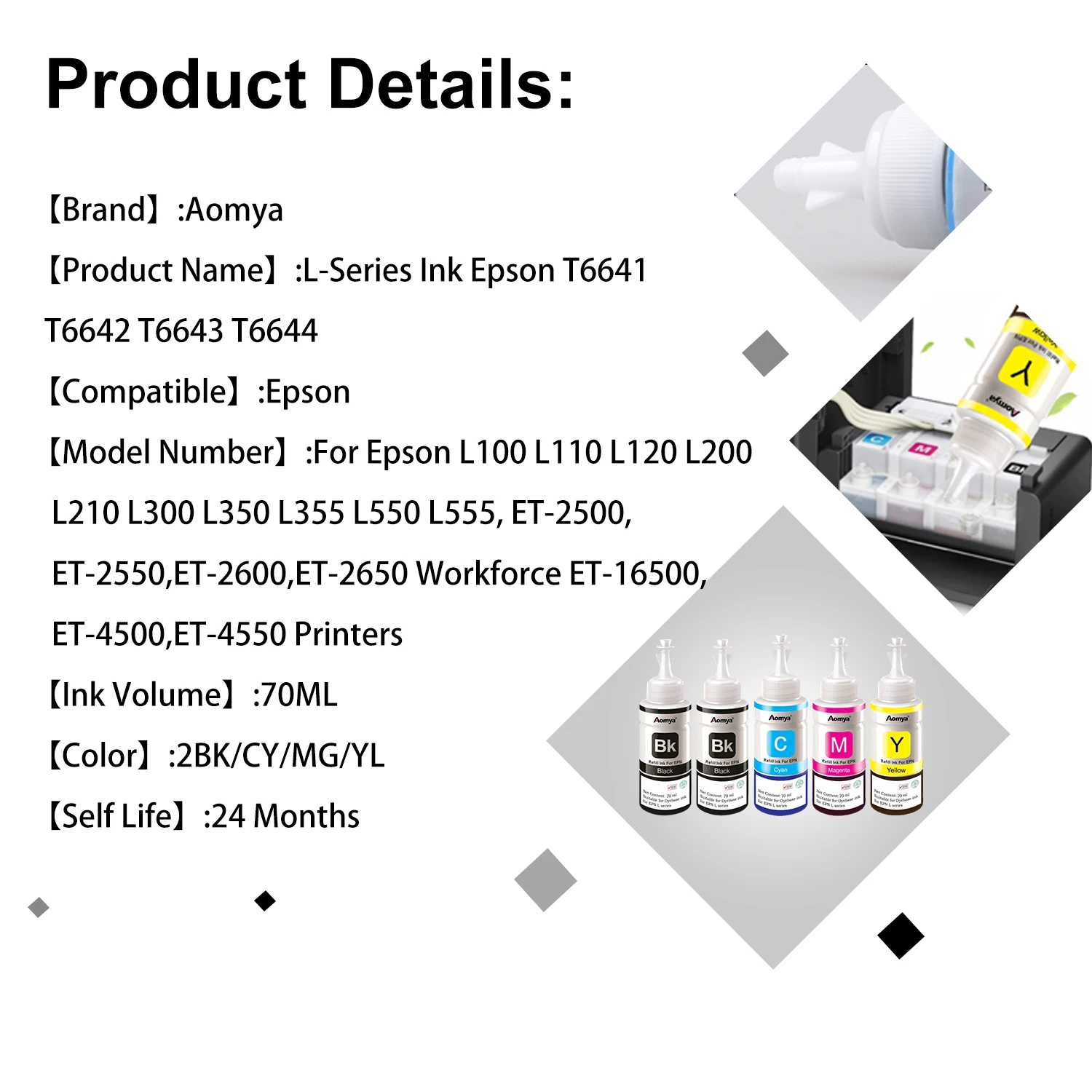 664 Refill dye ink Epson L100 L110 L210 L120 L220 L310 L355 L362 L366 L365 L380 L486 L800 L805 L810 ET-2650 Printer 4 Colors