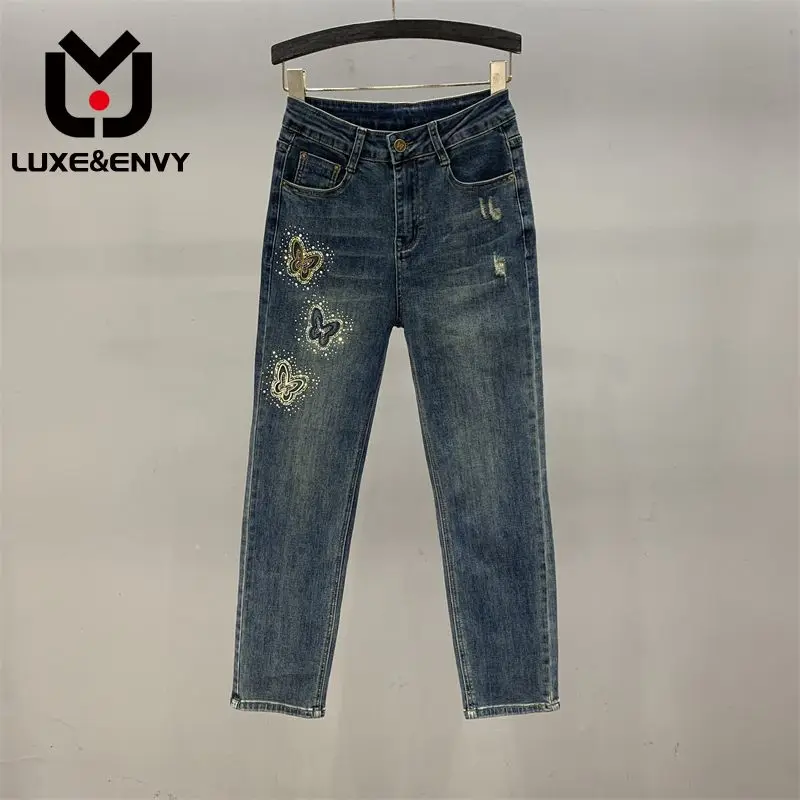 

LUXE&ENVY Butterfly Hot Drilled Perforated Straight Tube Jeans Women's New Slim Fit Ancient Pipe 2023 Autumn