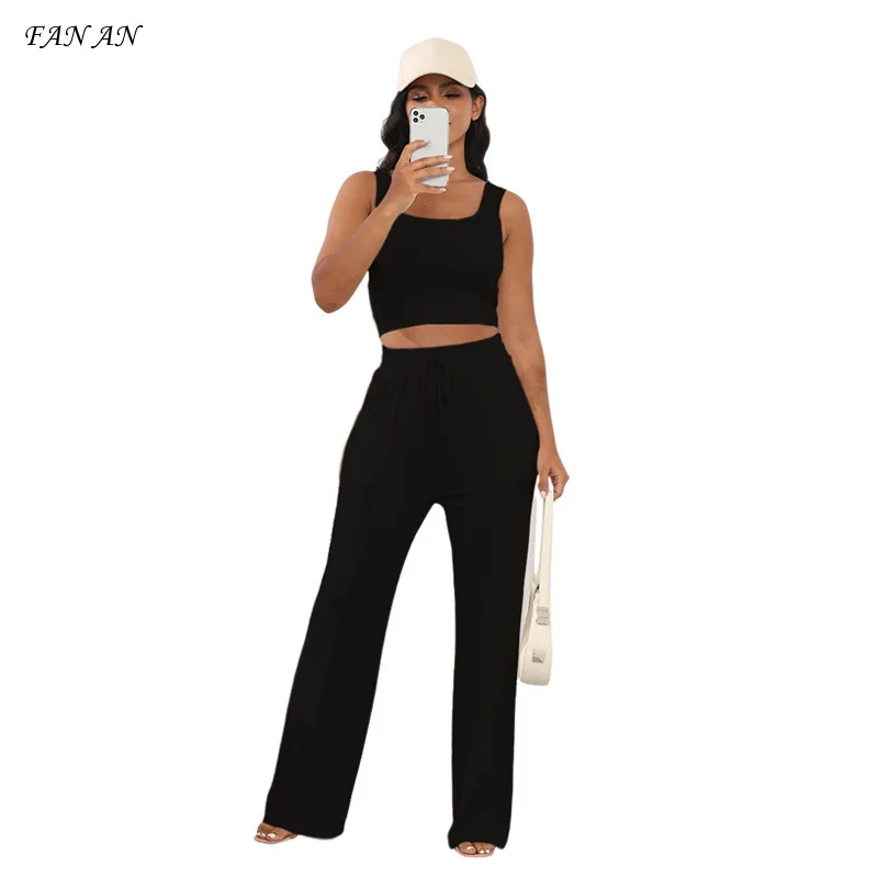 Summer New Women's Thread Knit Sleeveless Crop Top High Waist Wide Leg Pants Suit Fashion Casual Sexy Women's Two-piece Suit