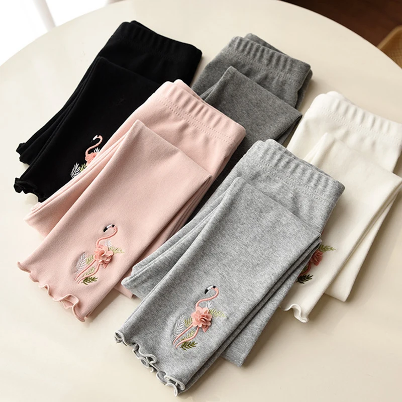 

Spring And Autumn New Style Children's Lace Casual Bottomed Cotton Trousers Girls' Cartoon Embroidery Slim Trousers