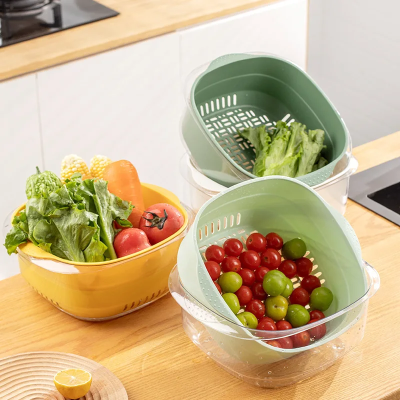 Double-Layer Draining Basket Fruit Basket Vegetable Washing Basin Household Kitchen Vegetable Washing