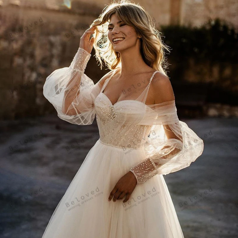 

Женское платье невесты с открытыми плечами, прозрачное ТРАПЕЦИЕВИДНОЕ платье с рукавами-фонариками, модель невесты