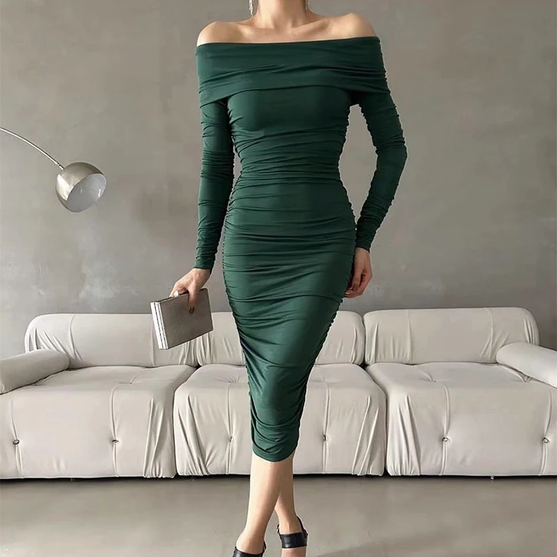 

Lady Sexy Slash Neck Draped Long Party Dress Spring Off Shoulder Slim Bodycon Office Dress Women Long Sleeve Backless Maxi Dress