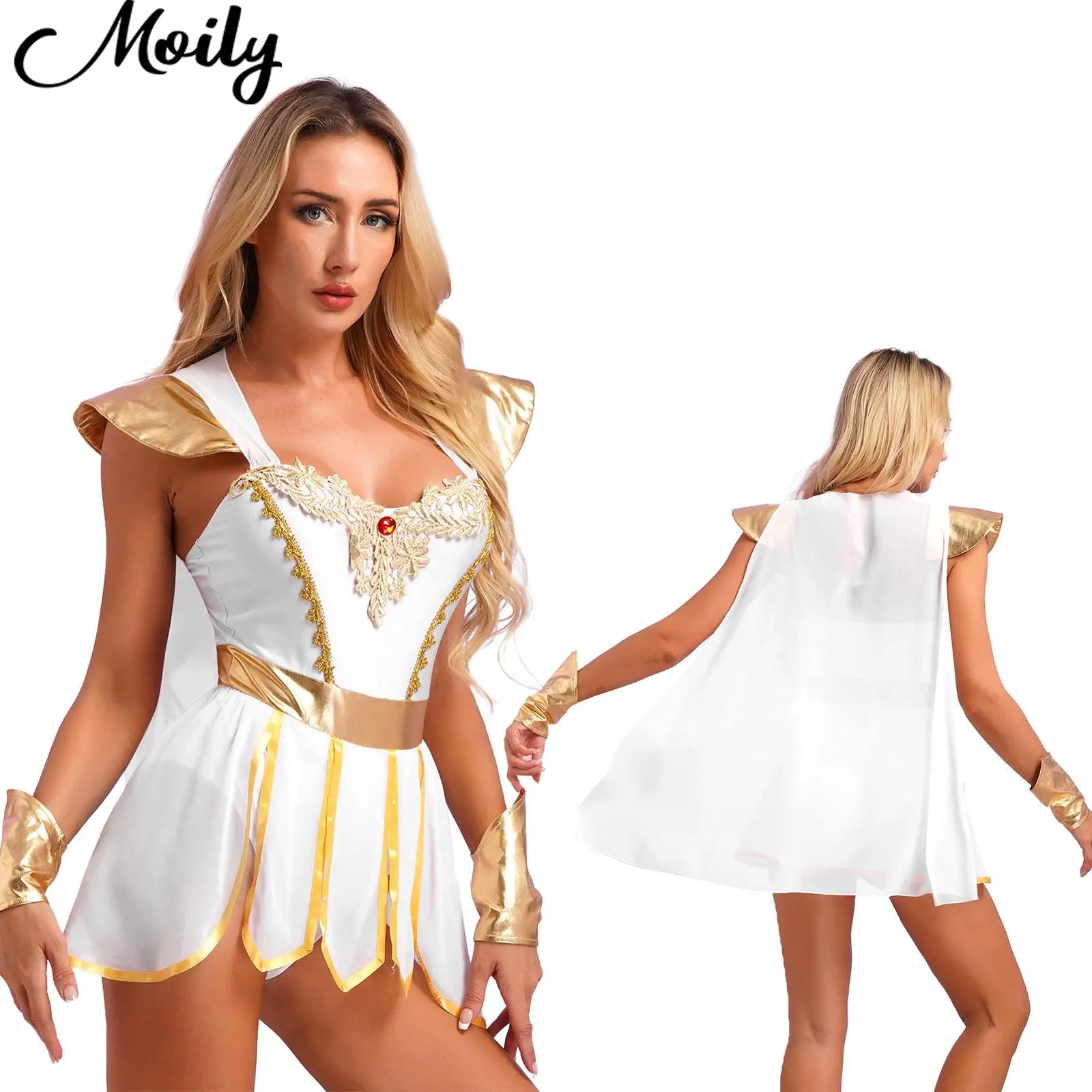 

Womens Ancient Roman Bodysuit Toga Costumes Integrated Cape Petal Skirt Bodysuit with Metallic Wristbands for Halloween Dress-Up