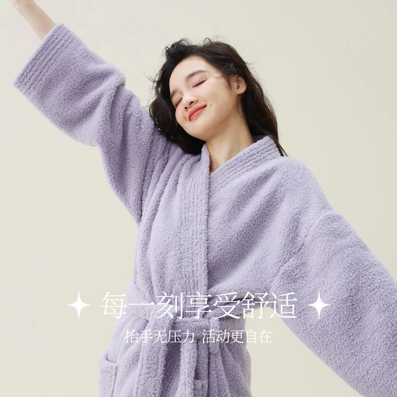 Autumn Winter New Couple Nightgown Coral Plush Plus Thick Plush Men's and Women's Extra Long Solid Causal Bathrobe - Image 2